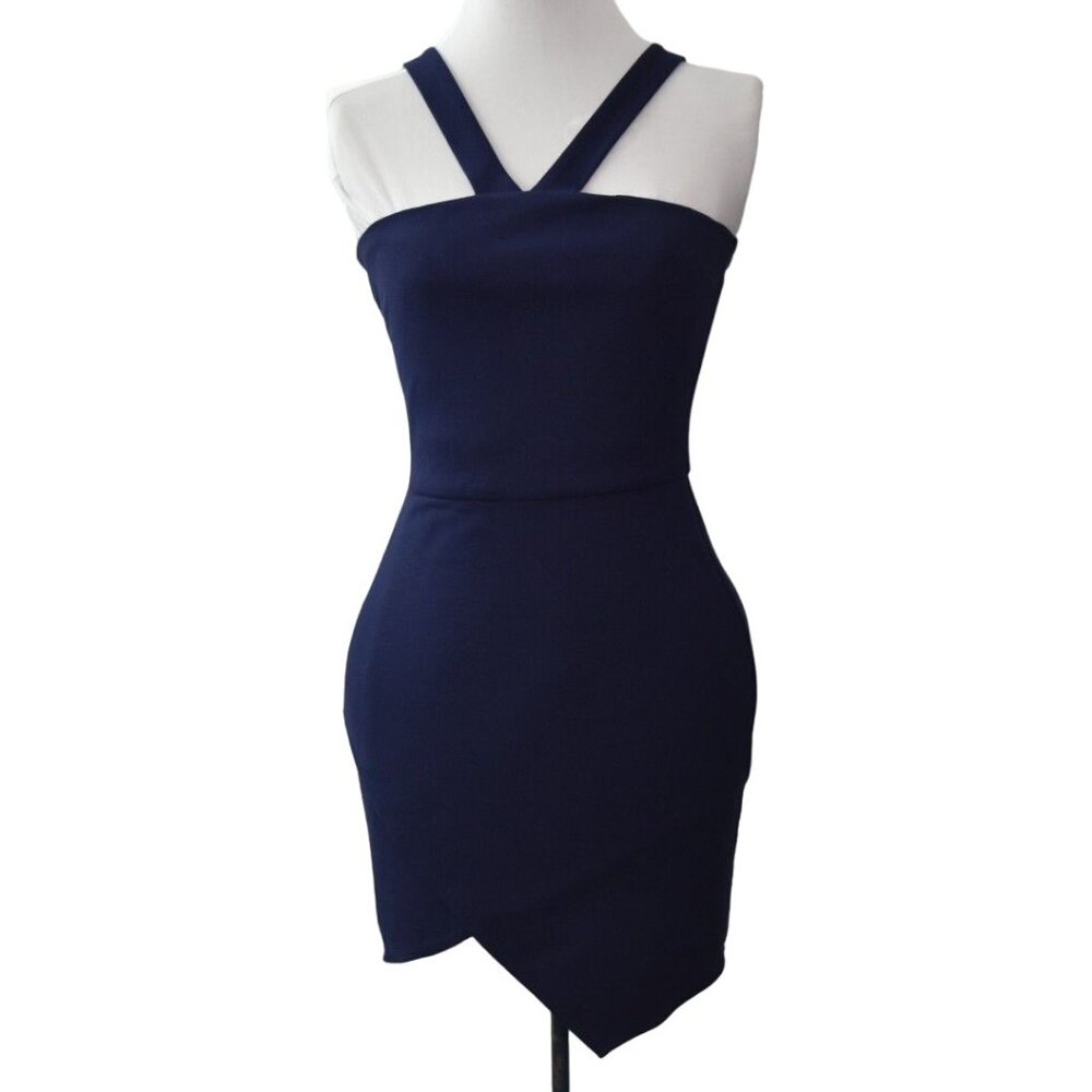 B D Junior Dress junior Size 1 Navy Blue Cross Strap Asymmetric Hem - Picture 2 of 8